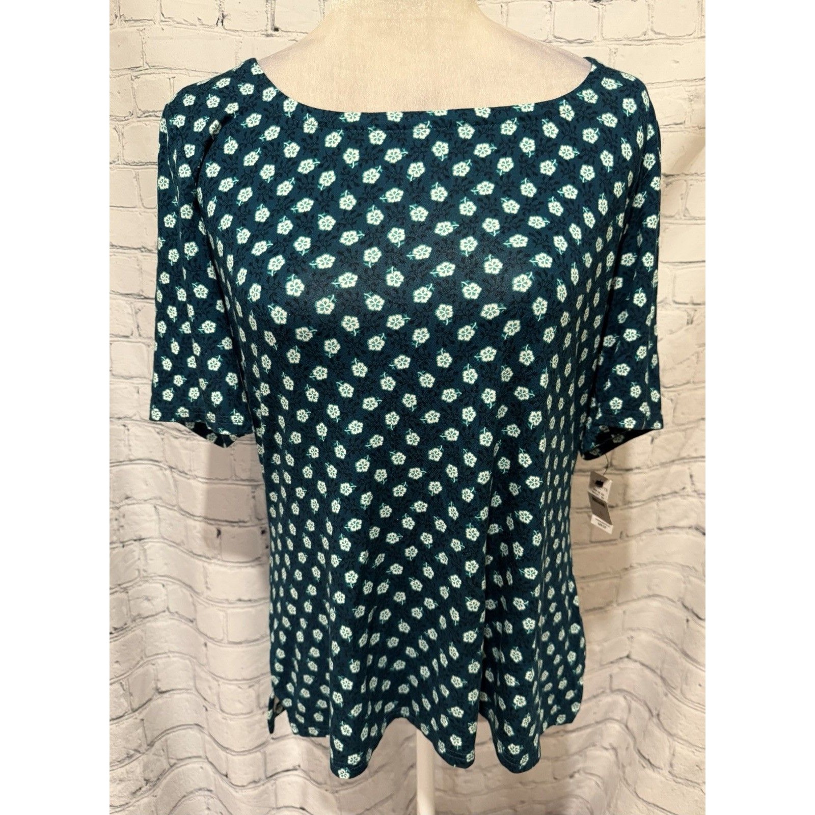 Nwt Talbots Short-Sleeve Rayon Blend Top Floral Teal Size Large
